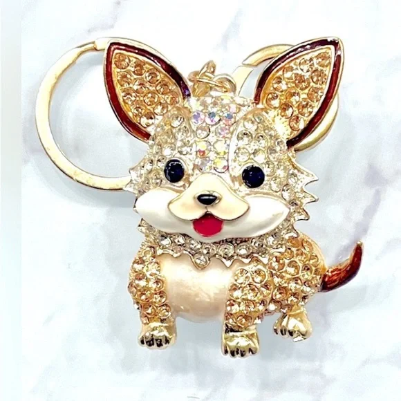 Champagne & White Rhinestone Dog Purse Charm / Keychain. - Picture 3 of 4